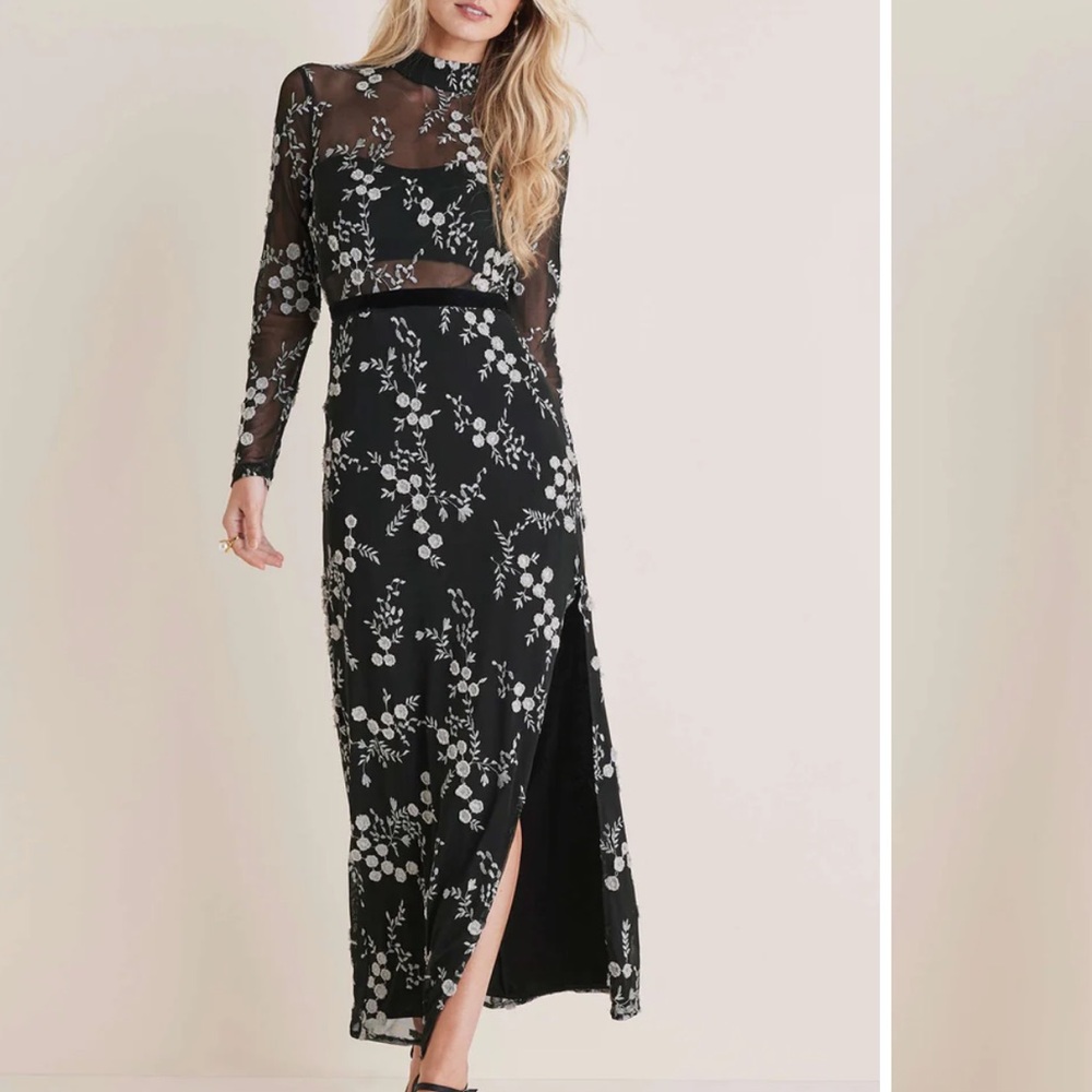 Floral Black Maxi Dress with Sheer Sleeves